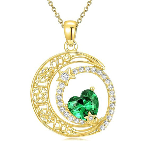 10K 14K 18K Gold Heart Birthstone Moon and Star Pendant  Necklace for Women
