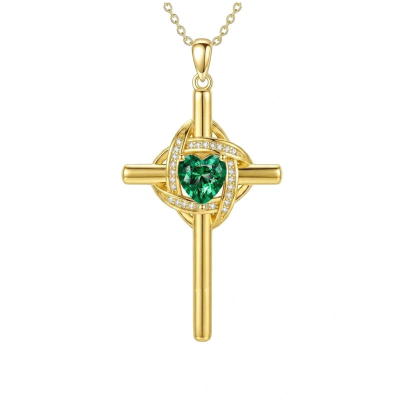 10K 14K 18K Gold Birthstone Cross Pendant Necklace Christian Jewelry