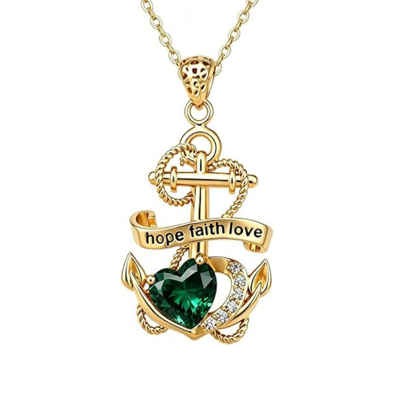 14K Gold Plated Heart Birthstone Anchor Necklace Engraved with Hope Faith Love