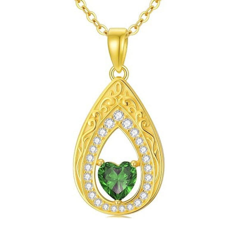 Vintage Teardrop Birthstone 14K Yellow Gold Plated Pendant Necklace for Women