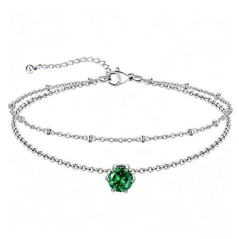 Sterling Silver  Round Birthstone Double Layer Charm Anklet