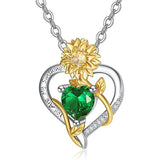 Sterling Sliver Birthstone Love Heart & Sunflower Pendant Necklace Engraved With You Are My Sunshine