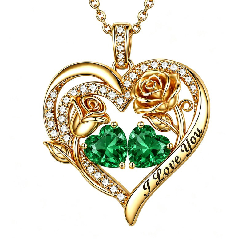 14K Gold Plated Double Heart Birthstone Rose Pendant Necklace for Women