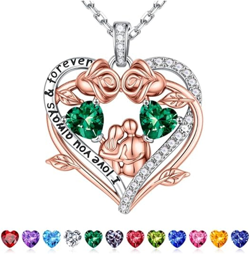 Sterling Silver Heart Birthstone Couple Hugging Necklace for Women Valentine's Day Gift