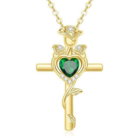 14K Gold Plated Birthstone Rose Cross Necklace for Women Faith Jewelry Gift