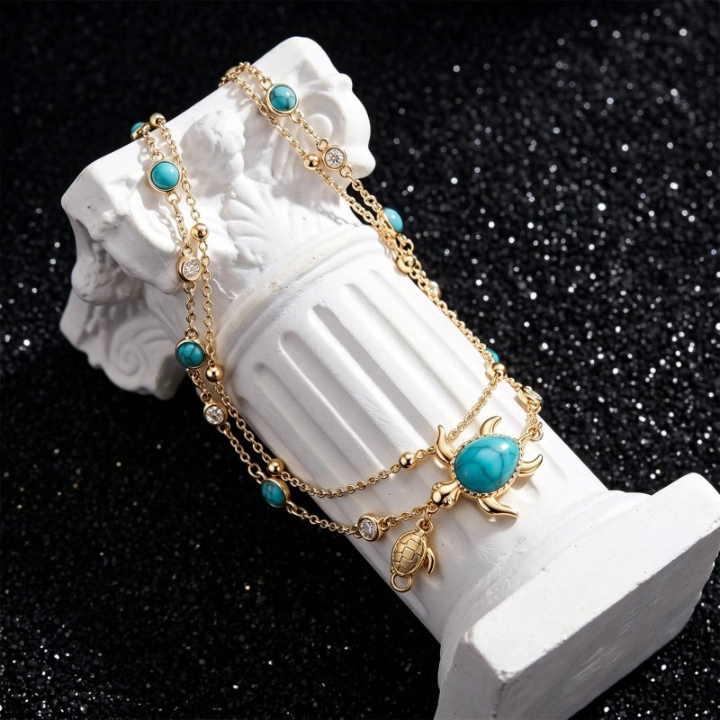 14K Gold Plated Turquoise Turtle Starfish Ocean Double Layered Anklet