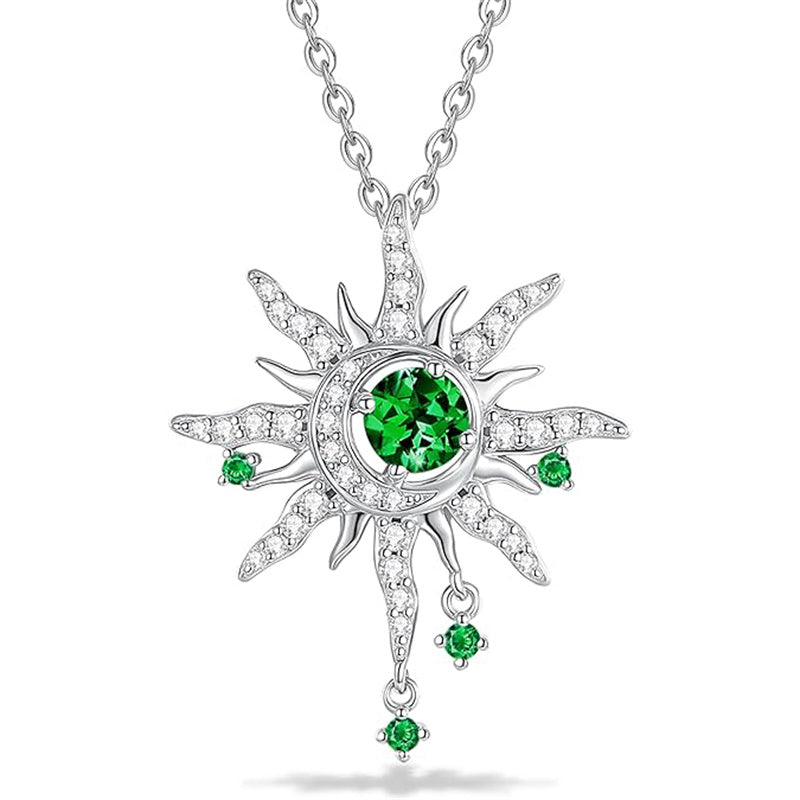 Sterling Silver Birthstone Sun Moon Pendant Necklace for Women