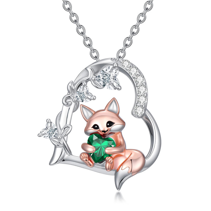 Sterling Silver Heart Birthstone Fox Pendant Necklace