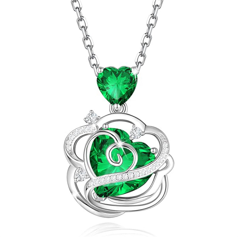 Sterling Silver Thornless Pulse Heart Birthstone  Rose Pendant Necklace