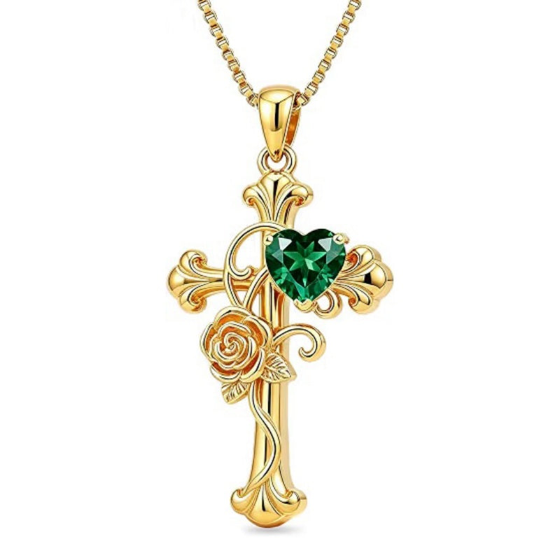 14K Gold Plated Heart Shape Birthstone Rose Flower Cross Necklace for Women  Religious Christian Jewelry