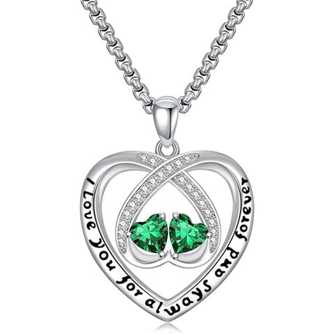 Sterling Silver Double Heart Birthstone Pendant Necklace Engraved with I Love You for Always and Forever