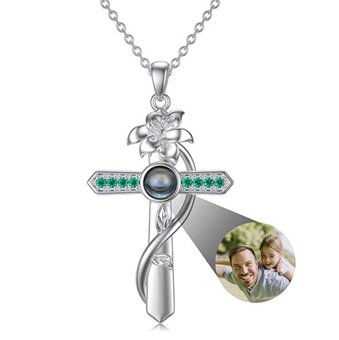 Sterling Silver Cross 100 Languages 12 Month Birthstone Birth Month Flower Pendant Necklace