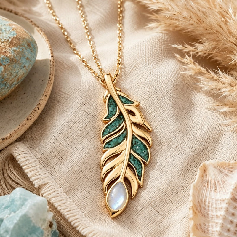 14K Gold Plated Feather Pendant Necklace for Women