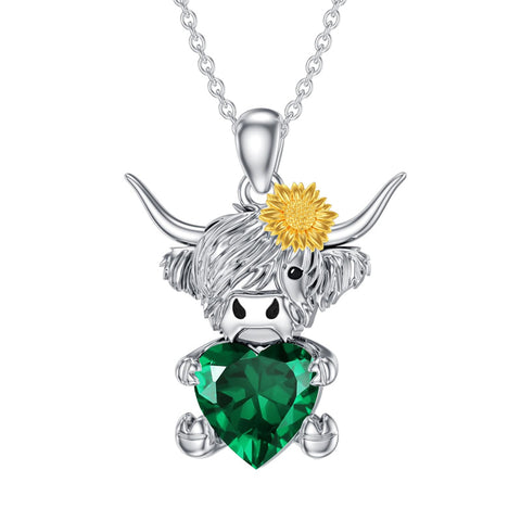 14K Gold Heart Birthstone Highland Cow Pendant Necklace