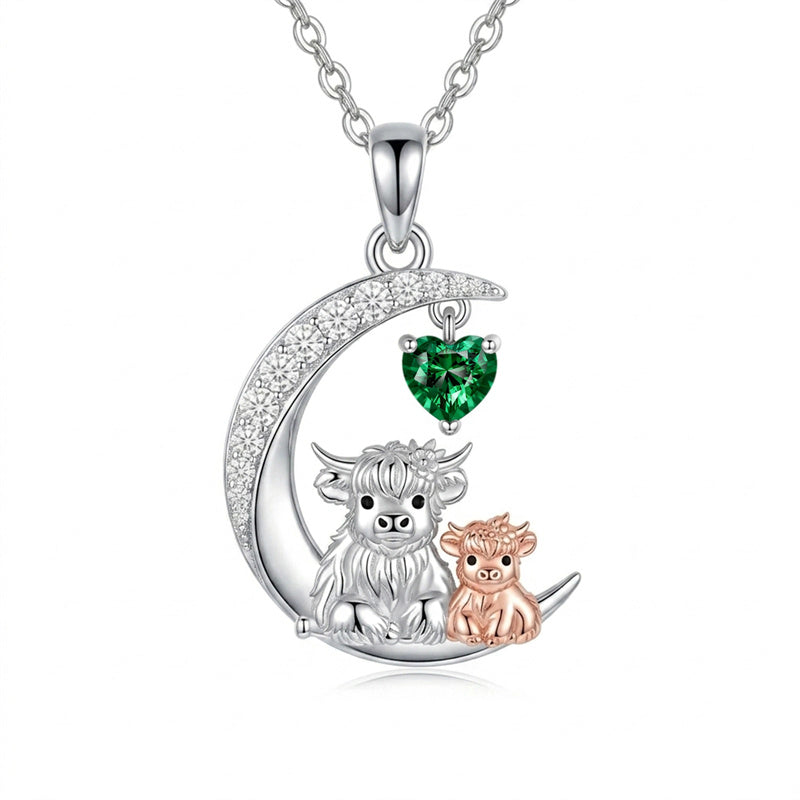 Sterling Silver Round Heart Birthstone Highland Cow Pendant Necklace Fluffy Cow Jewelry Gifts Birthday Christmas