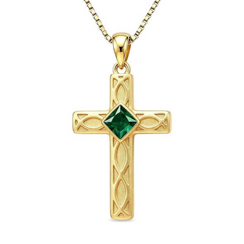 14K Gold Plated Birthstone Cross Pendant Necklace for Women  Anniversary Christmas Birthday Gift