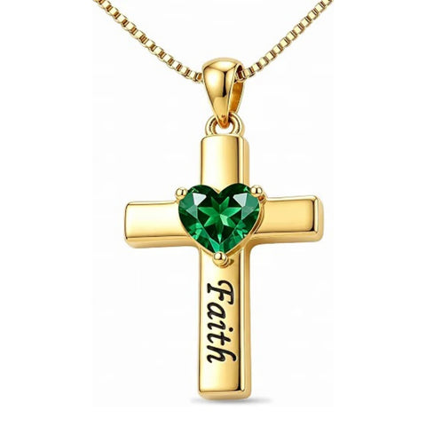 14K Gold Plated Heart Birthstone Cross Necklace for Women Engraved with Faith