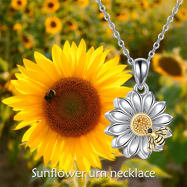 Sunflower Urn Necklace Sterling Silver Sunflower Bee Cremation Jewelry for Ashes Memory Necklace Jewelry for Women