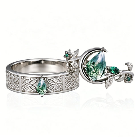 Sterling Silver 10K 14K 18K Gold Natural Leaf  Moss Agate Engagement Anniversary Couple Ring Sets