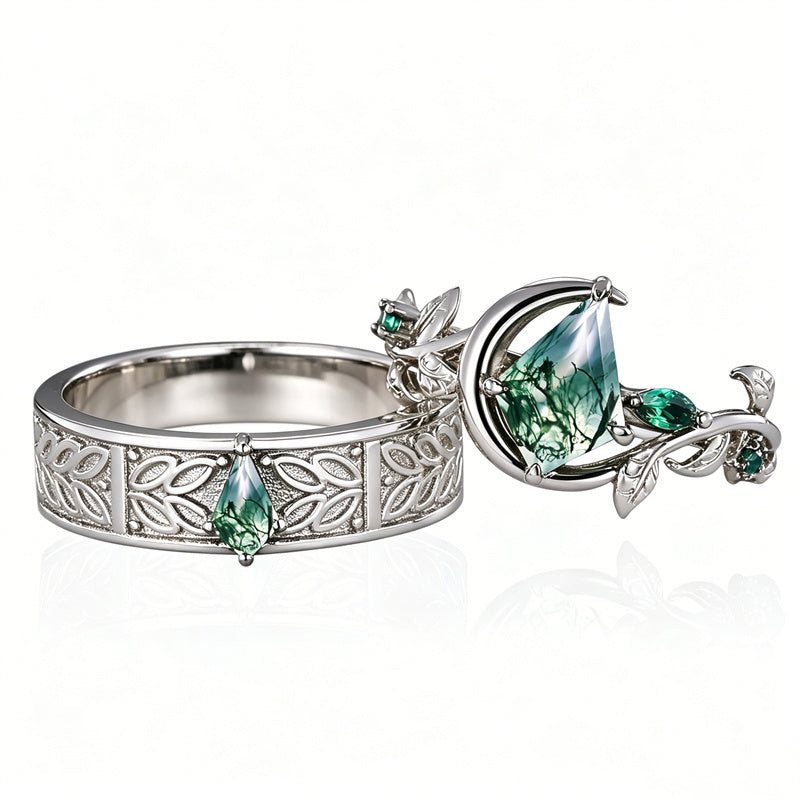 Sterling Silver 10K 14K 18K Gold Natural Leaf  Moss Agate Engagement Anniversary Couple Ring Sets