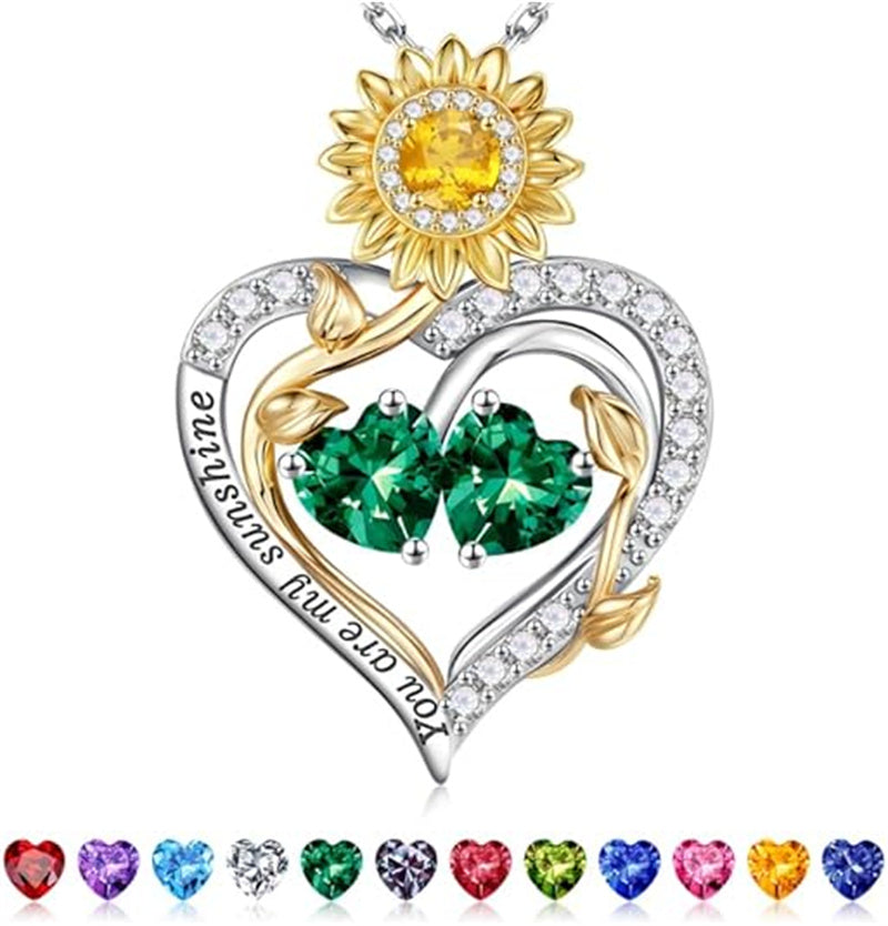 Sterling Silver Double Heart Birthstone Sunflower Necklace Engraved with You Are My Sunshine