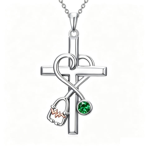 14K Gold Plated  Birthstone Stethoscope Cross Necklace Graduation Gifts for Women RN