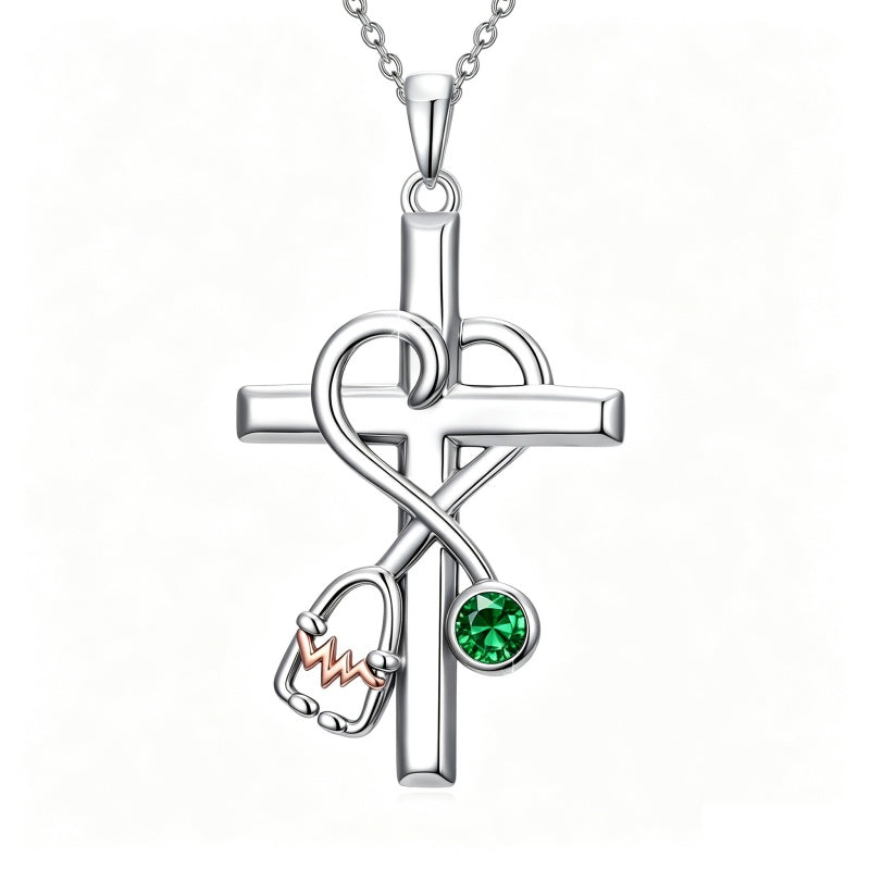 14K Gold Plated  Birthstone Stethoscope Cross Necklace Graduation Gifts for Women RN