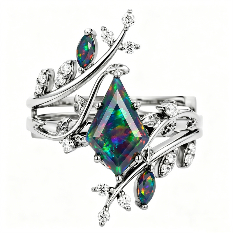 Sterling Silver 10K  14K  18K  Gold Personalized Engraved Black Opal Engagement Wedding Promise Ring for Her