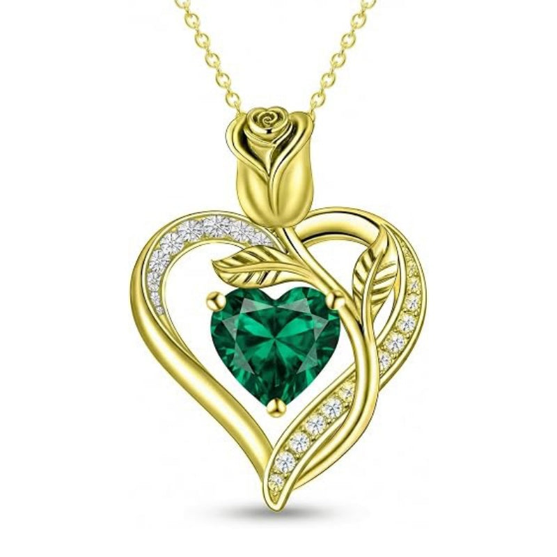 14K Gold Plated 12 Months Birthstone Rose Flower Pendant Necklace Anniversary Birthday Gift