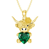 14K Gold Heart Birthstone Highland Cow Pendant Necklace