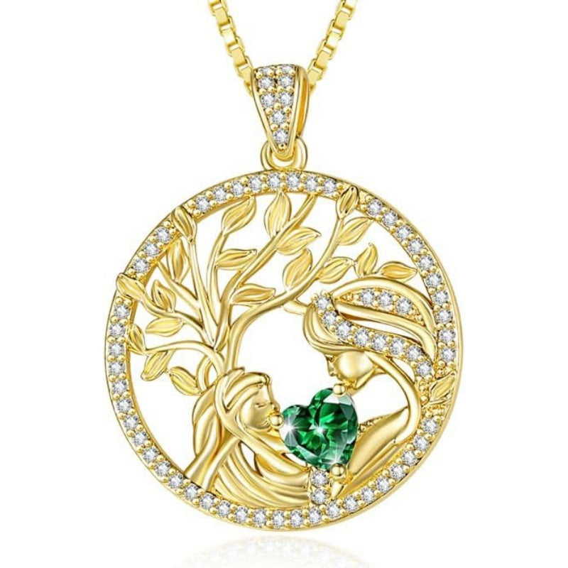 14K Gold Plated Birthstone Tree of Life Mother Child Necklace for Women