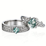 Sterling Silver 10K 14K 18K Gold Natural Leaf  Moss Agate Engagement Anniversary Couple Ring Sets