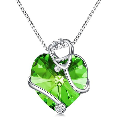 Sterling Silver Heart Crystal Stethoscope Pendant Necklace