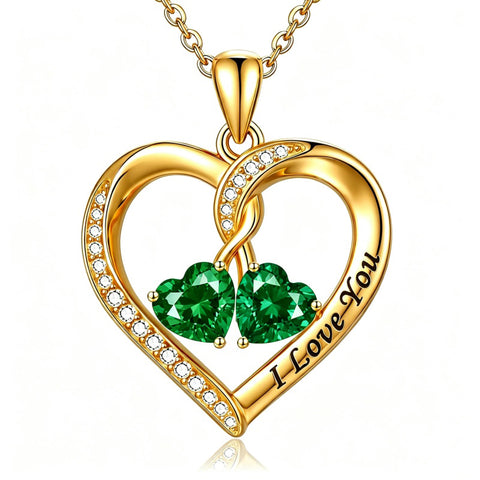 14K Gold Plated Double Heart Birthstone Rose Pendant Necklace for Women