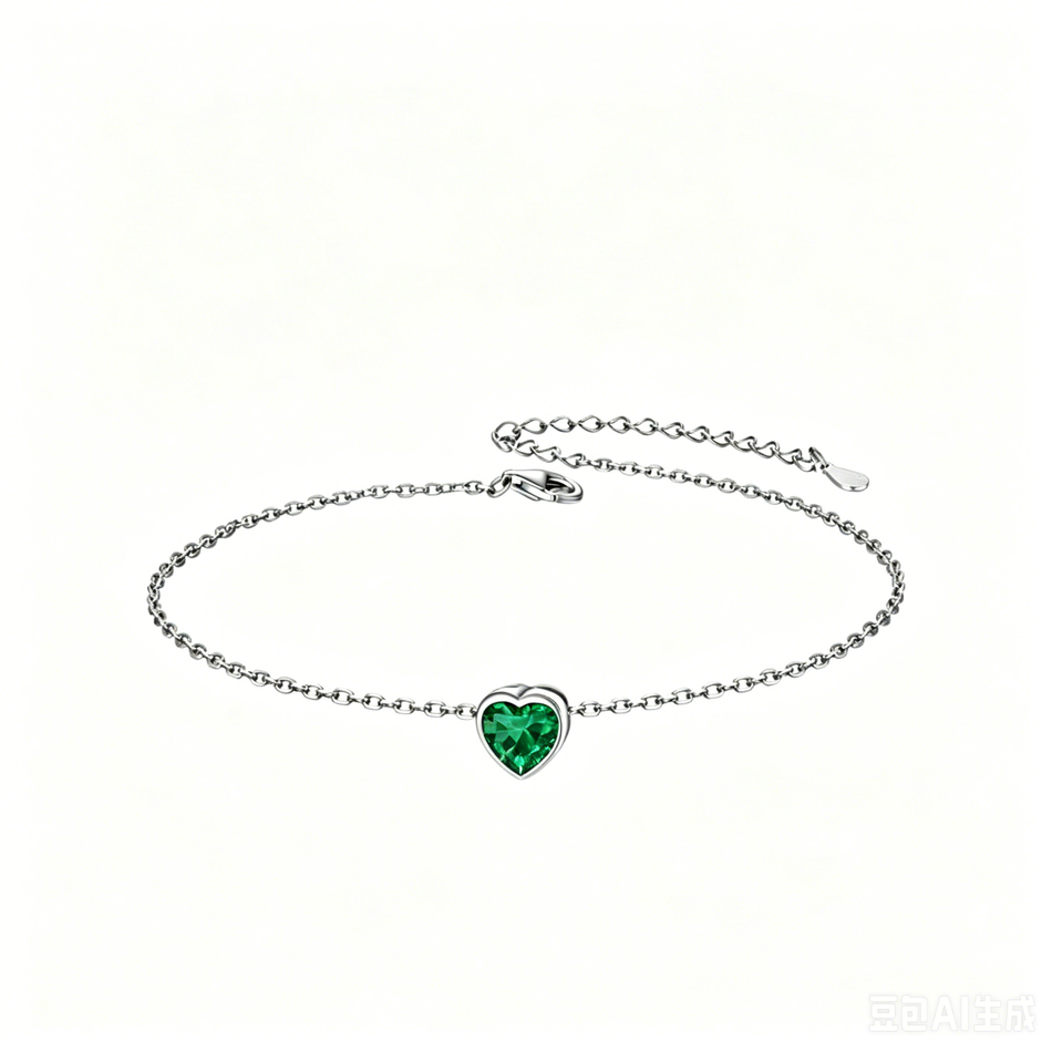 Sterling Silver Simple Dainty Round Heart Birthstone Single Layer Charm Anklet