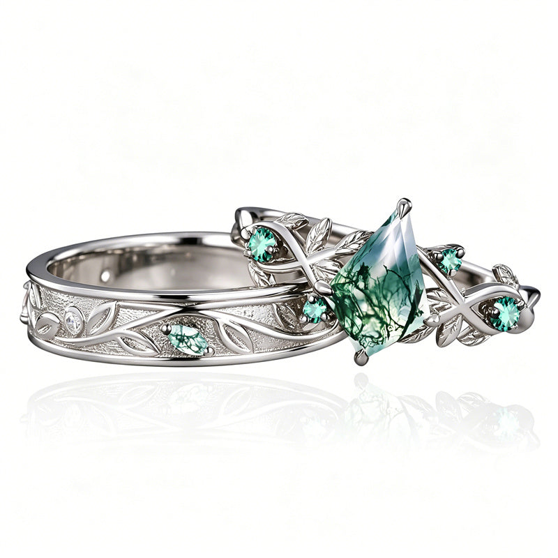 Sterling Silver 10K 14K 18K Gold Natural Leaf  Moss Agate Engagement Anniversary Couple Ring Sets