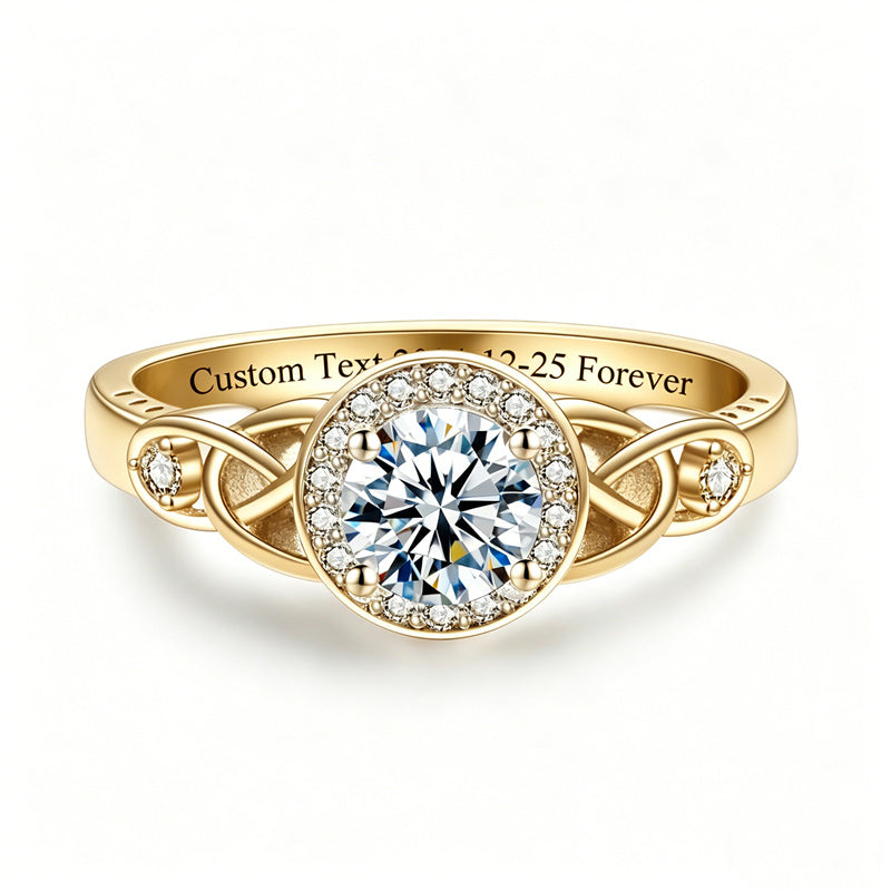 Sterling Silver 10K 14K 18K Gold  Personalized Engraved Moissanite Celtic Knot Wedding Engagement Ring