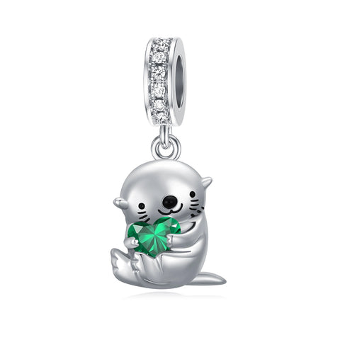 Sterling Silver Birthstone Otter Bead Charm for  Otter Lovers