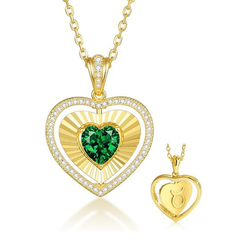 14K Gold  Plated Reversible Heart Birthstone Necklace with Zodiac Engraved Back Gifts for Women