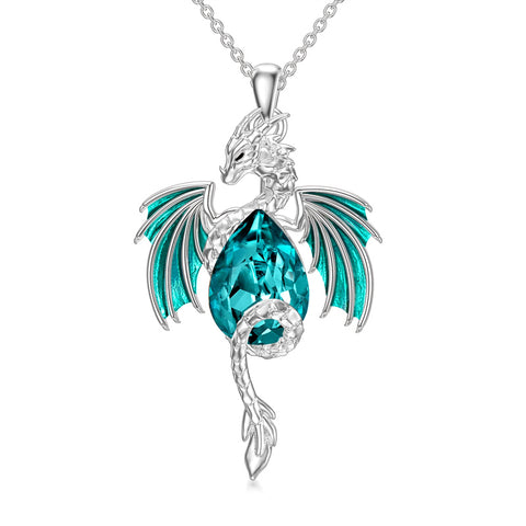 Sterling Silver Teardrop Shaped Crystal Wyvern Dragon Pendant Necklace