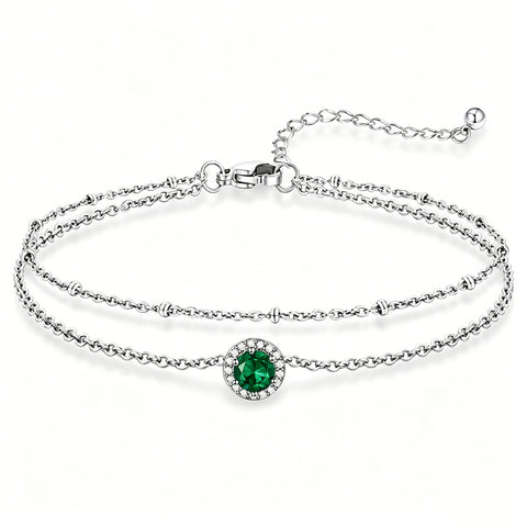 Sterling Silver Birthstone Double Layer Anklet for Beach Weddings, Summer Vacations & Pool Parties