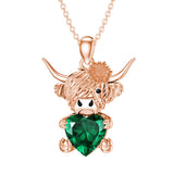 14K Gold Heart Birthstone Highland Cow Pendant Necklace