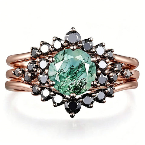 Sterling Silver 10K 14K 18K Gold 2CT Moss Agate Vine Leaf Women's Bridal Ring Sets for Wedding Engagement