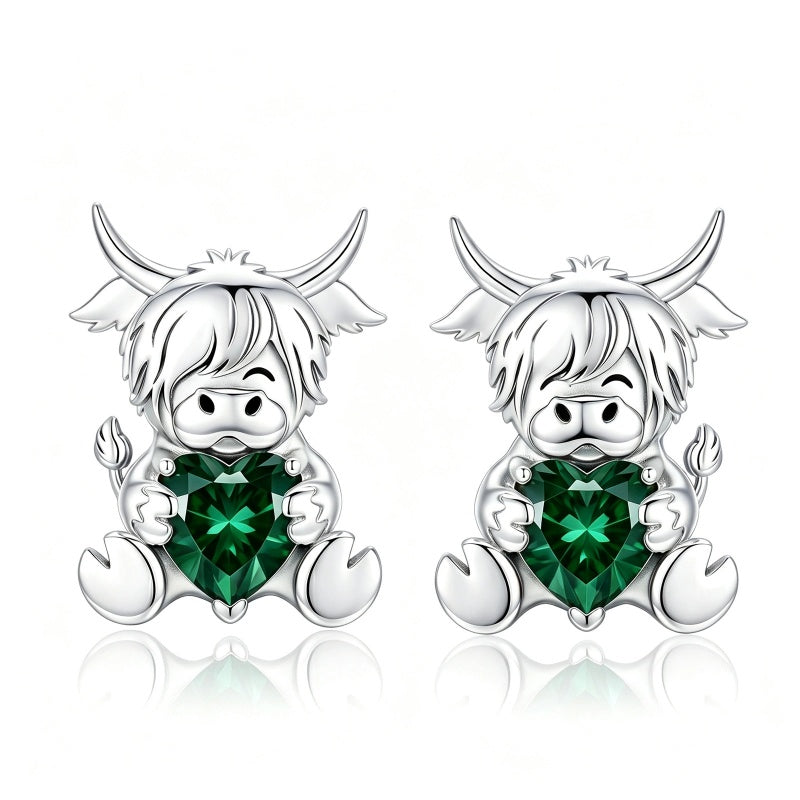 Sterling Silver 12 Month Birthstone Highland Cow Stud Earrings Christmas Gift