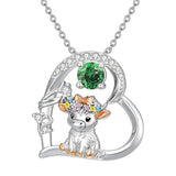 Sterling Silver Round Heart Birthstone Highland Cow Pendant Necklace Fluffy Cow Jewelry Gifts Birthday Christmas
