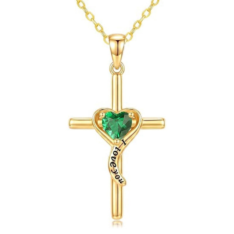 14K Gold Plated Dainty Heart Birthstone Pendant Cross Necklace for Women Religious Gift