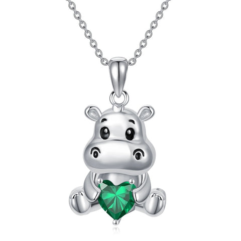 Sterling Silver Birthstone Hippo Pendant Necklace Birthday Christmas Gift
