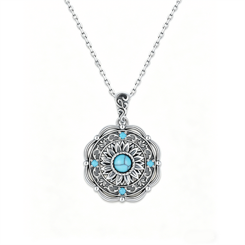 Sterling Silver Turquoise Cone Sunflower Tree of Life Pendant Necklace