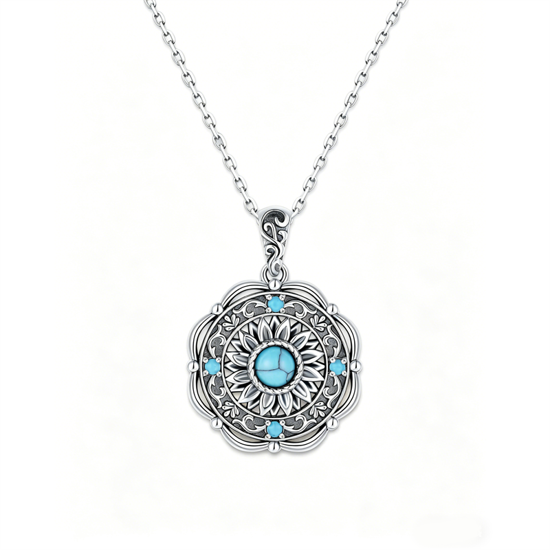 Sterling Silver Turquoise Cone Sunflower Tree of Life Pendant Necklace