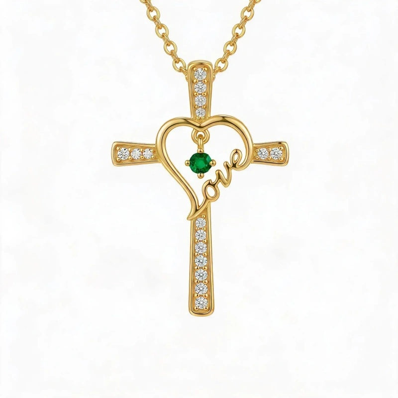14K Gold Plated  Birthstone  LOVE Heart Cross Necklace for Women Faith Jewelry